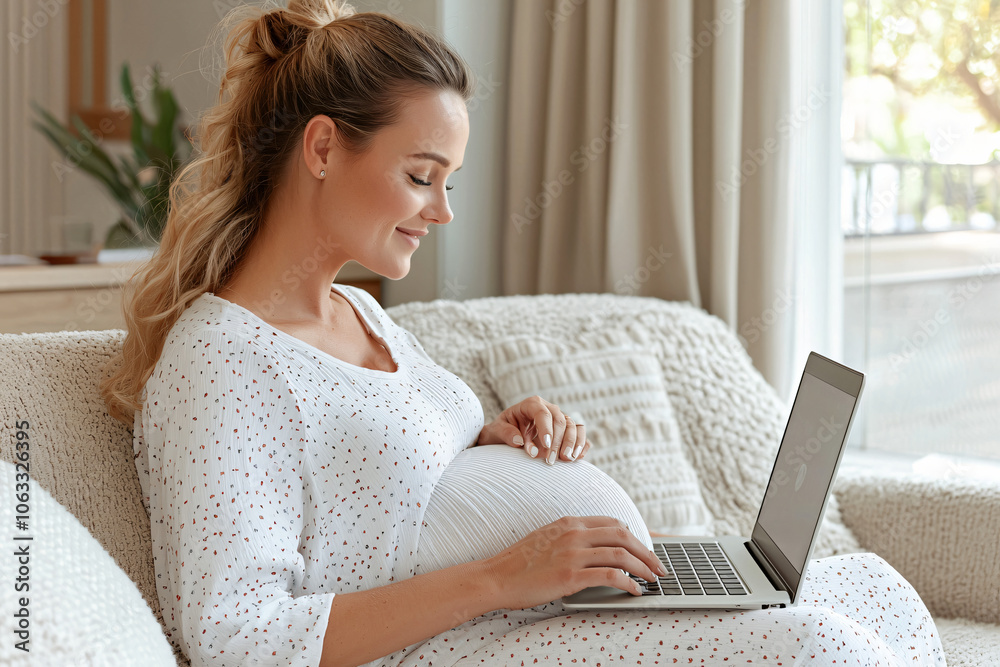 an expectant mother in comfortable loungewear working on laptop from cozy sofa an expectant mother in comfortable loungewear working on laptop from cozy sofa