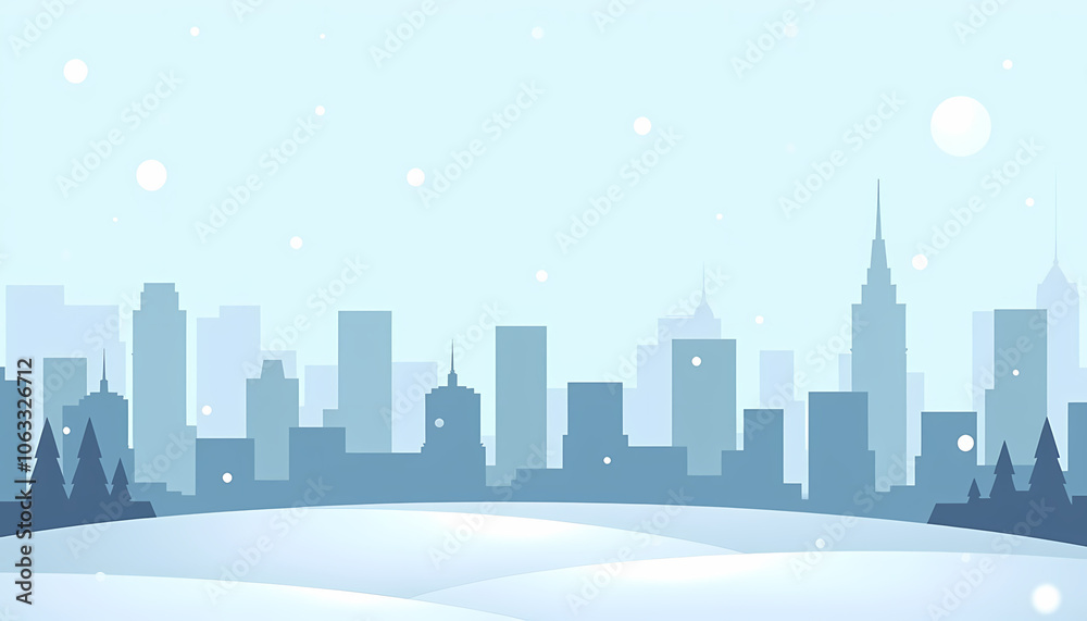 Minimalistic winter cityscape in blue tones with snowy foreground and falling snow Minimalistic winter cityscape in blue tones with snowy foreground and falling snow