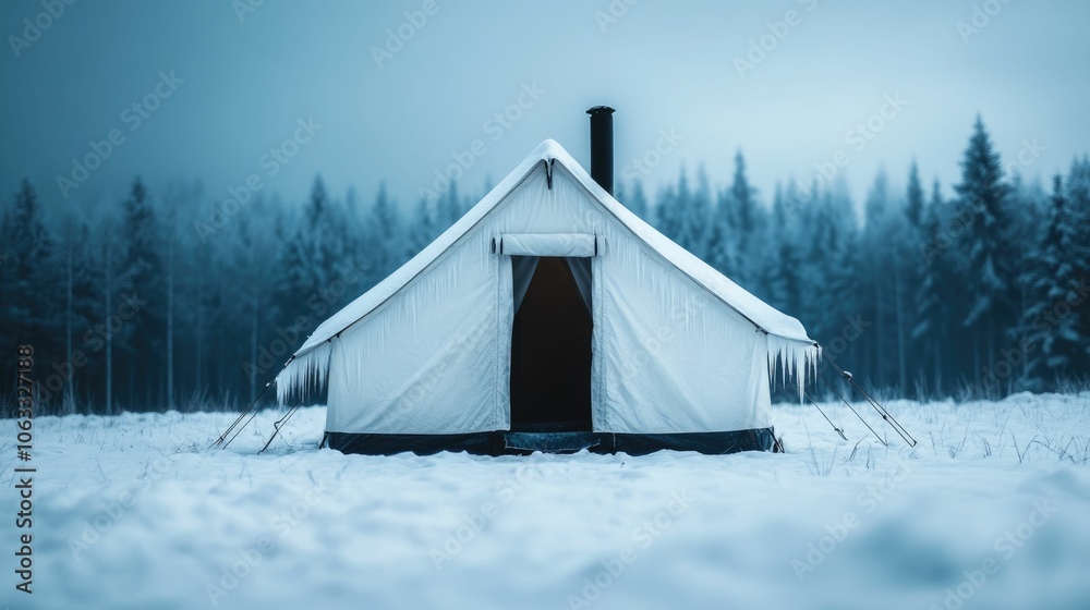 Enchanting frost covered tent nestled in a serene winter wonderland surrounded by icicle adorned trees and a breathtaking snowy landscape