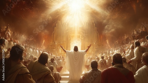 scene of the elders worshiping the Lamb in the throne room of heaven, as described in the Book of Revelation, a powerful symbol of worship and salvation,