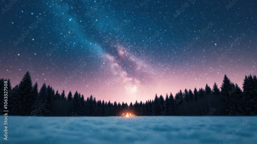 Naklejka premium Campers gazing up in awe at the captivating starry night sky surrounded by a glowing campfire and a blanket of snow in the tranquil wilderness