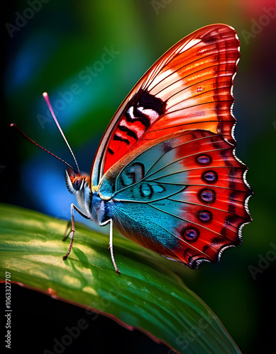 A vivid butterfly rests gracefully on a leaf showcasing the splendor of nature's design and colors in closeup detail