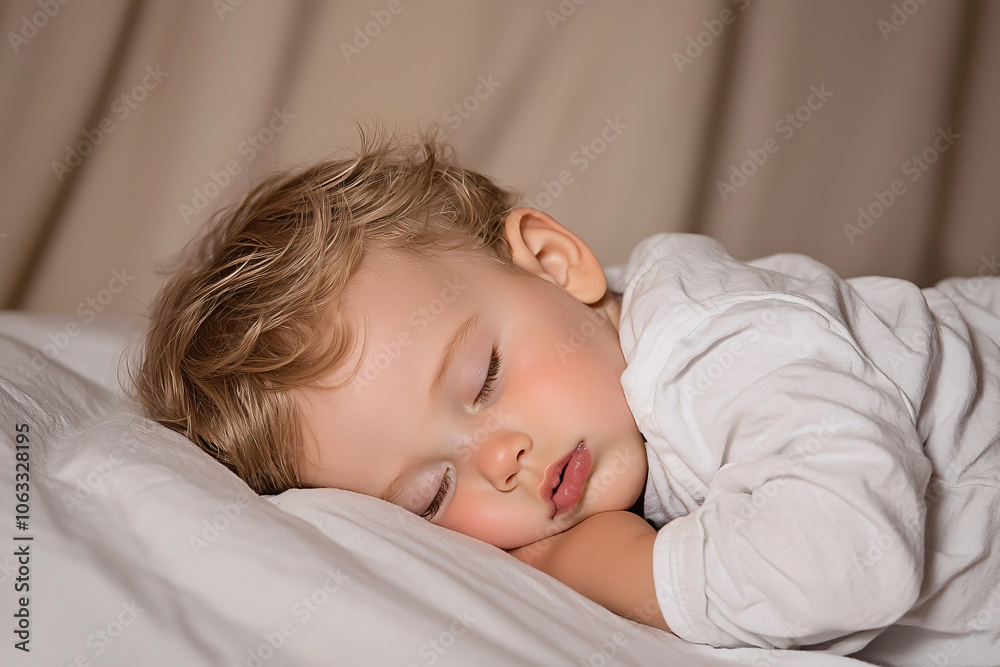 a peaceful toddler sleeping in cotton bedding, soft morning light through curtains a peaceful toddler sleeping in cotton bedding, soft morning light through curtains