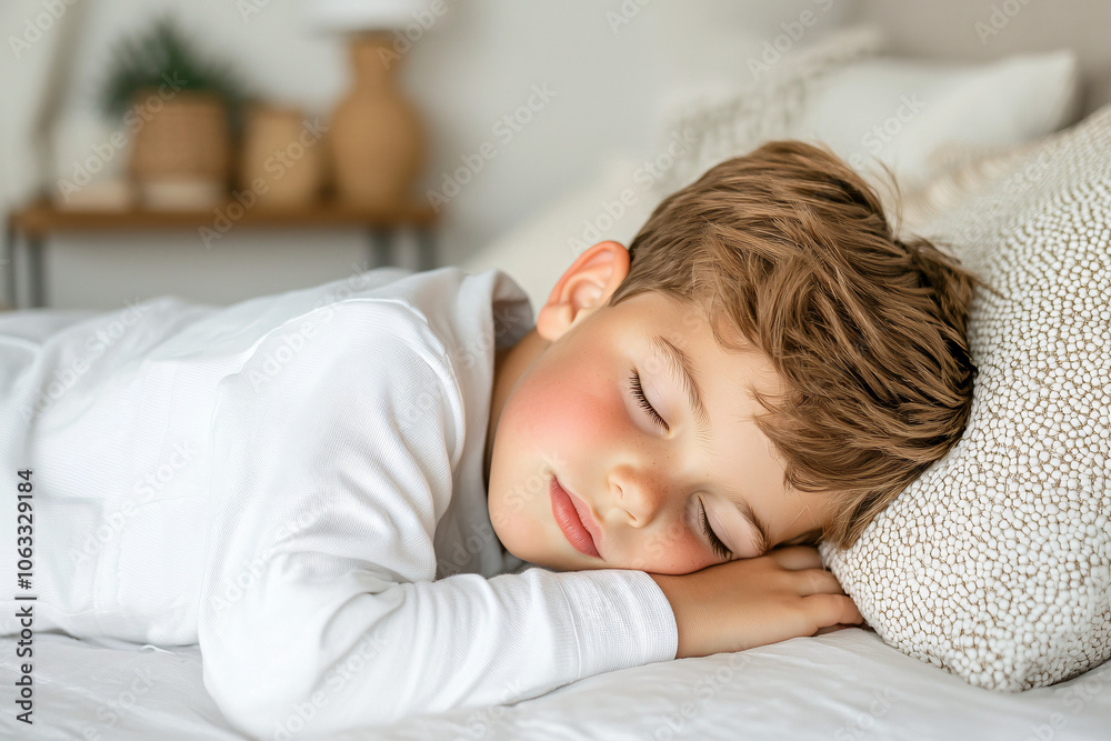 a young boy peacefully napping in afternoon light, cozy bedroom setting a young boy peacefully napping in afternoon light, cozy bedroom setting