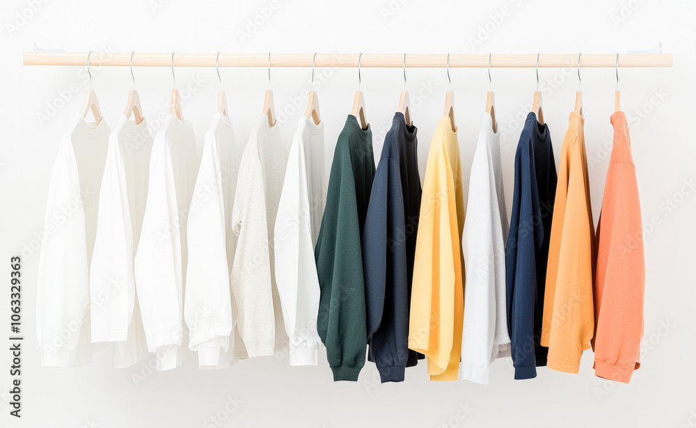 A row of minimalist sweaters in soft, neutral, and bold colors neatly arranged on wooden hangers, showcasing a clean and stylish wardrobe aesthetic for a modern and organized lifestyle. 