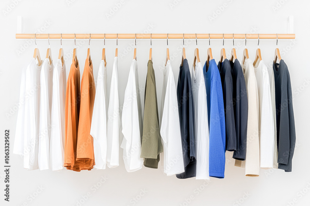 A row of minimalist sweaters in soft, neutral, and bold colors neatly arranged on wooden hangers, showcasing a clean and stylish wardrobe aesthetic for a modern and organized lifestyle. A row of minimalist sweaters in soft, neutral, and bold colors neatly arranged on wooden hangers, showcasing a clean and stylish wardrobe aesthetic for a modern and organized lifestyle.