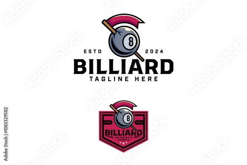 billiard black ball 8 with billiard stick and flag logo design. 8 billiard ball with cue pool, guidon badge logo design set. billiard ball illustration cartoon for billiard sport club and tournament