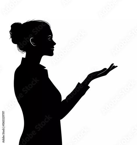 Silhouette of a business woman presenting with her hand, in black color against a white background, vector illustration. photo