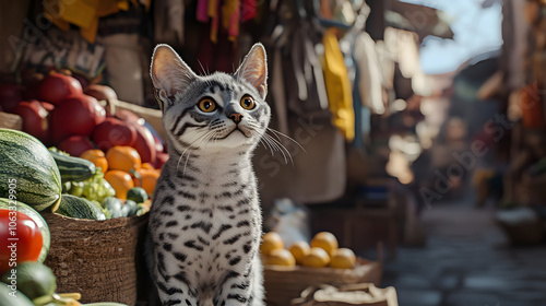 An Alert Egyptian Mau Cat Adventuring Through a Vibrant Market Filled with Colorful Textiles and Fresh Produce