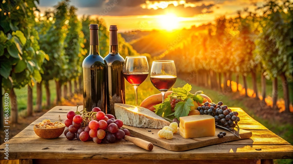 A rustic wooden table laden with a spread of ripe grapes, aged cheese, and full wine glasses, illuminated by the warm glow of a setting sun in a vineyard setting A rustic wooden table laden with a spread of ripe grapes, aged cheese, and full wine glasses, illuminated by the warm glow of a setting sun in a vineyard setting