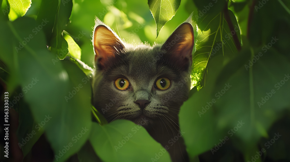 A Playful Chartreux Cat Hiding Behind A Lush Plant with Curiosity in Its Enchanting Eyes A Playful Chartreux Cat Hiding Behind A Lush Plant with Curiosity in Its Enchanting Eyes