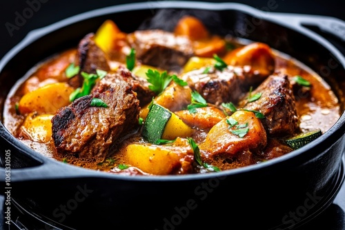 Close-up of a stew simmering in a cast-iron pot, with tender vegetables and chunks of meat bubbling gently, creating a cozy scene photo