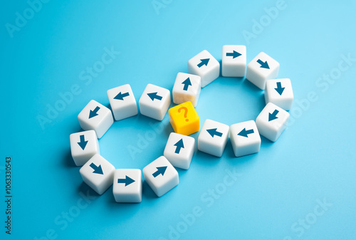 A closed loop with an unanswered question. Find a solution and break the endless circle. Make a discovery that will solve an important problem. The concept of new attempts and returning to the source. photo