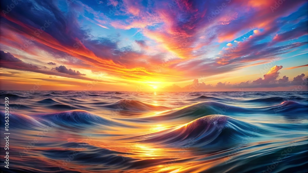 A mesmerizing vista of the ocean's gentle sway beneath a vibrant sky, where sunrise paints the water with golden hues. A mesmerizing vista of the ocean's gentle sway beneath a vibrant sky, where sunrise paints the water with golden hues.