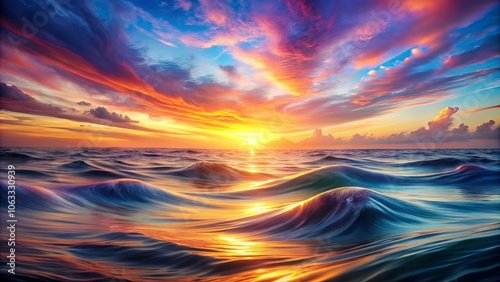 A mesmerizing vista of the ocean's gentle sway beneath a vibrant sky, where sunrise paints the water with golden hues.
