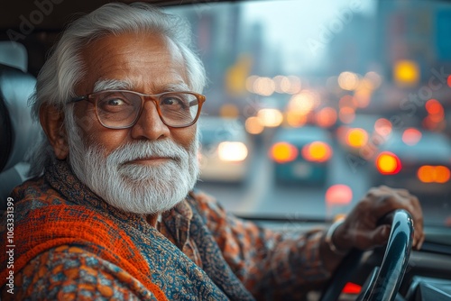 An elderly  man with glasses driving a car. Generative AI