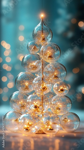 Illuminated christmas tree at night with star, festive bokeh. Gretting card with glass modern design christmas tree. Vertical poster. Chistmas tree made from glowing glasses balls photo