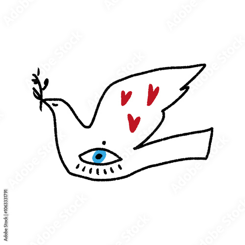 Childish pencil Childish pencil schematic primitive dove bird drawing with Nazar eye talisman, baby style stylized pigeon, simple isolated clipart, peace and live peaceful pacific kindness concept