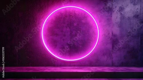 Neon Magenta Circle Illuminating Concrete Wall with Soft Shadows on Platform