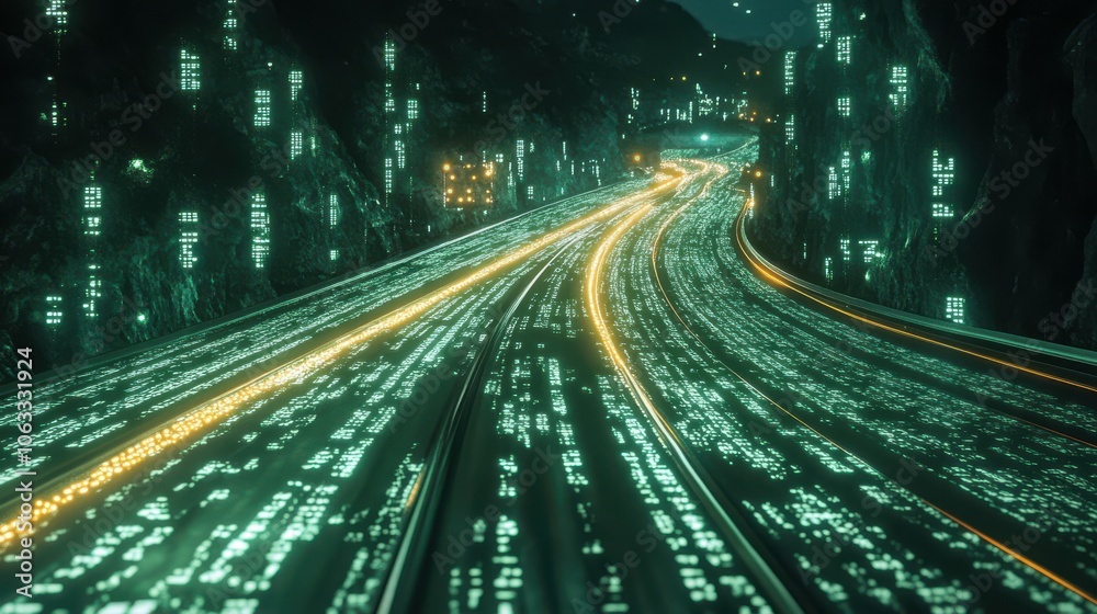 Sreaming data, binary data moving on a digital road - Digital Code road concept Sreaming data, binary data moving on a digital road - Digital Code road concept