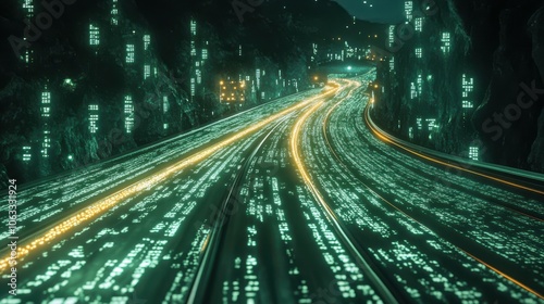 Sreaming data, binary data moving on a digital road - Digital Code road concept photo