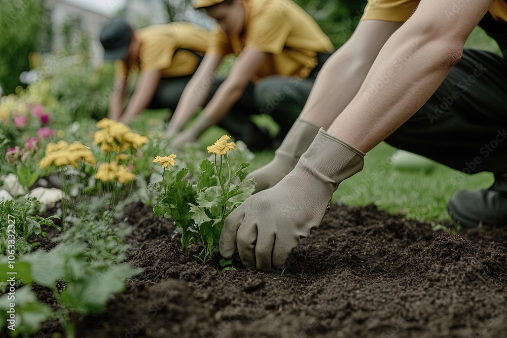 Gardening Volunteers Planting Flowers in a Community Garden on a Sunny Day During Spring Gardening Volunteers Planting Flowers in a Community Garden on a Sunny Day During Spring