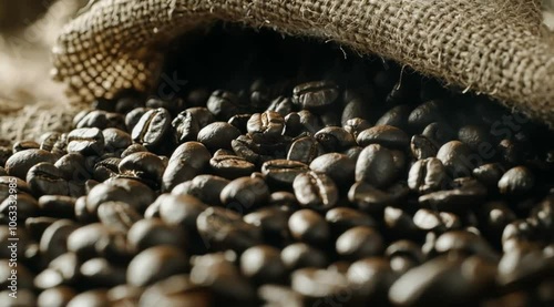 Close up scene of raw coffee and its sack, Camera slow motion with different angles