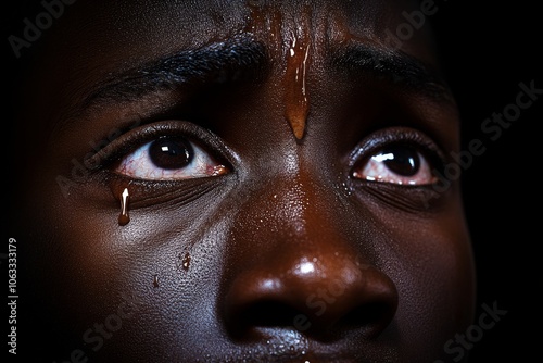 Hyper-realistic close-up of a personâ€™s face, tears in their eyes as they give an emotional testimony, with each detail showing raw vulnerability photo