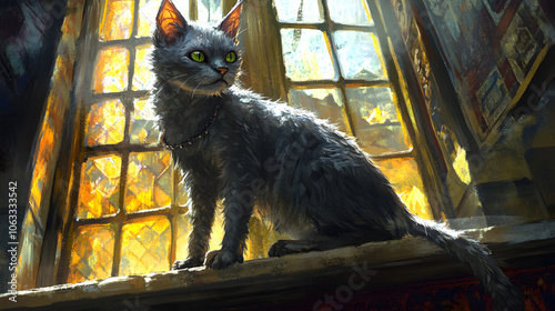 A Lykoi Cat Illuminated by Sunlight on a Cozy Windowsill photo