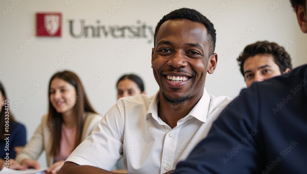 Smiling black college student poses in classroom with peers during study session Smiling black college student poses in classroom with peers during study session