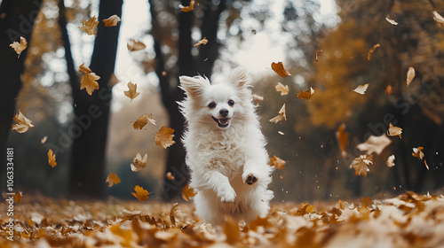 A Joyful L÷wchen Dancing in a Vibrant Autumn Park Surrounded by Falling Leaves photo