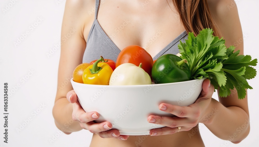 Young woman poses with fresh veggies digital art illustration Young woman poses with fresh veggies digital art illustration