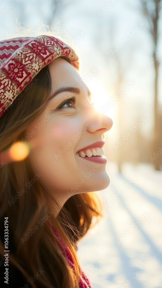 soft color, a beautiful cheerful  woman looking at the sun illuminating its face, winter background
