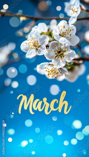 Hello, March. Spring background with blooming white apple tree branches and blue sky with bokeh.