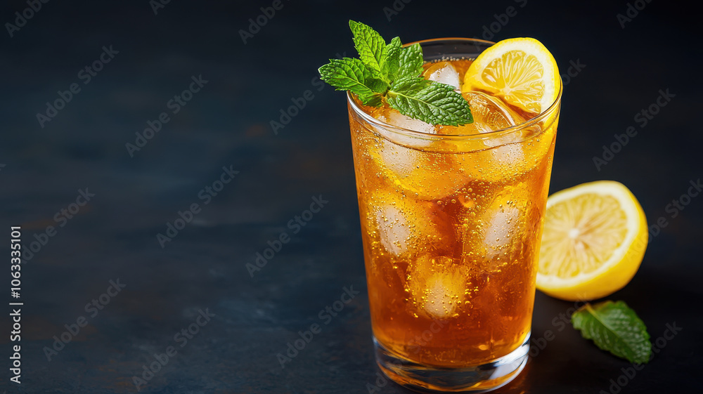 Refreshing iced tea with lemon and mint leaves in glass