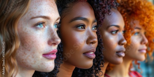 Diverse group of women with varying skin tones standing together against a beige background, showcasing unity and beauty across different ethnicities during daylight