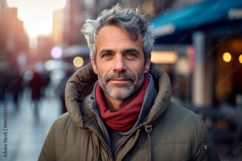 Portrait of a handsome middle-aged man with gray hair and beard wearing a warm jacket on a city street. Portrait of a handsome middle-aged man with gray hair and beard wearing a warm jacket on a city street.