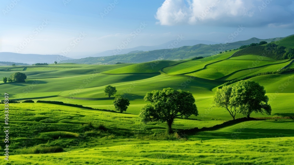 Lush green hills under a clear sky, dotted with trees, creating a serene landscape that showcases nature's beauty. Lush green hills under a clear sky, dotted with trees, creating a serene landscape that showcases nature's beauty.
