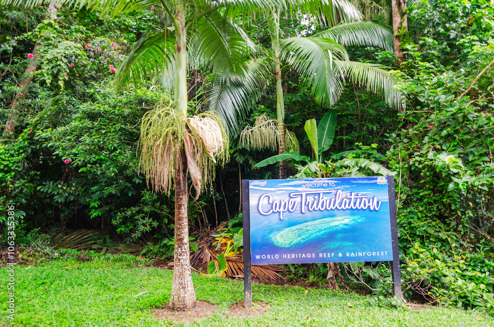 Cape Tribulation welcome board in Daintree Rainforest, Queensland, Australia