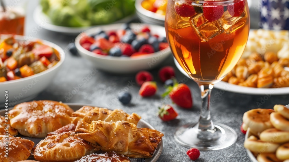 A vibrant assortment of delicious pastries, fresh fruits, and a refreshing beverage displayed elegantly on a table, perfect for a festive gathering. A vibrant assortment of delicious pastries, fresh fruits, and a refreshing beverage displayed elegantly on a table, perfect for a festive gathering.