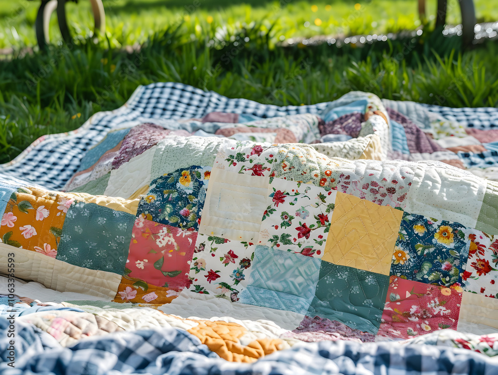 Vibrant patchwork quilt spread on green picnic blanket, featuring various colorful fabrics and patterns. Vibrant patchwork quilt spread on green picnic blanket, featuring various colorful fabrics and patterns.