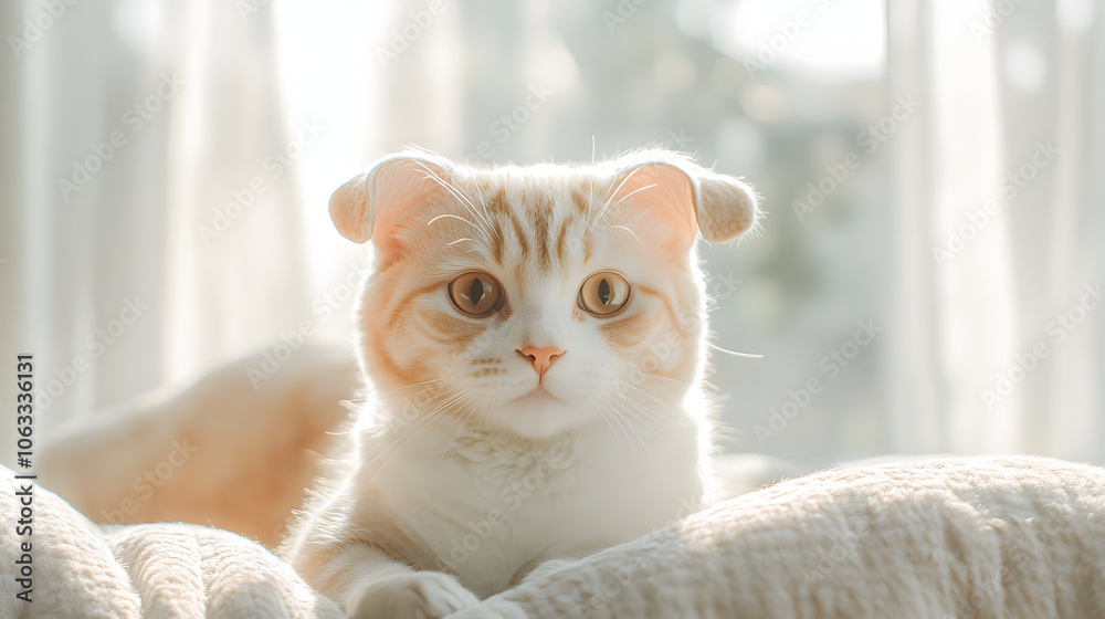 Cozy Scene of a Beautiful American Curl Cat Relaxing in a Sunlit Room with Elegant Decor Cozy Scene of a Beautiful American Curl Cat Relaxing in a Sunlit Room with Elegant Decor