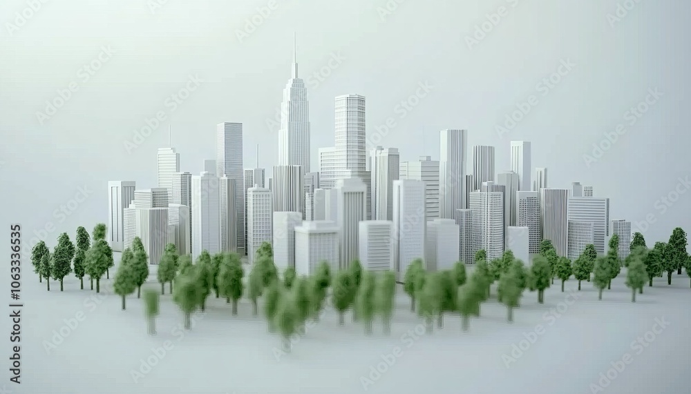 Fototapeta premium Modern Sustainable City, Urban Eco Concept. Miniature White Buildings With Green Trees