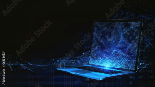 A laptop displaying a vibrant digital scan effect, surrounded by abstract blue light patterns on a dark backdrop, emphasizing technology. Generative AI