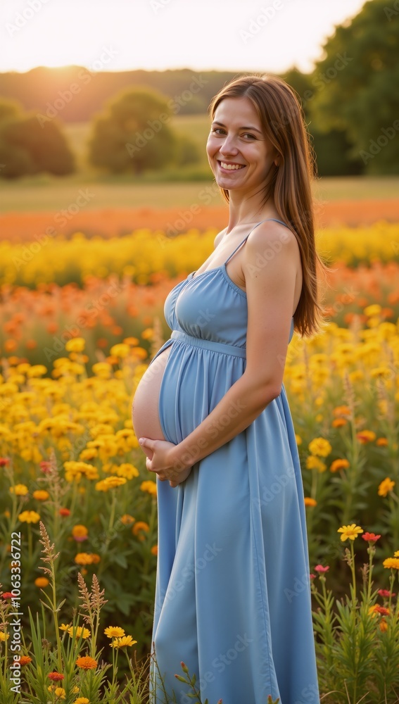 A pregnant woman is depicted amidst a blooming flower field A pregnant woman is depicted amidst a blooming flower field