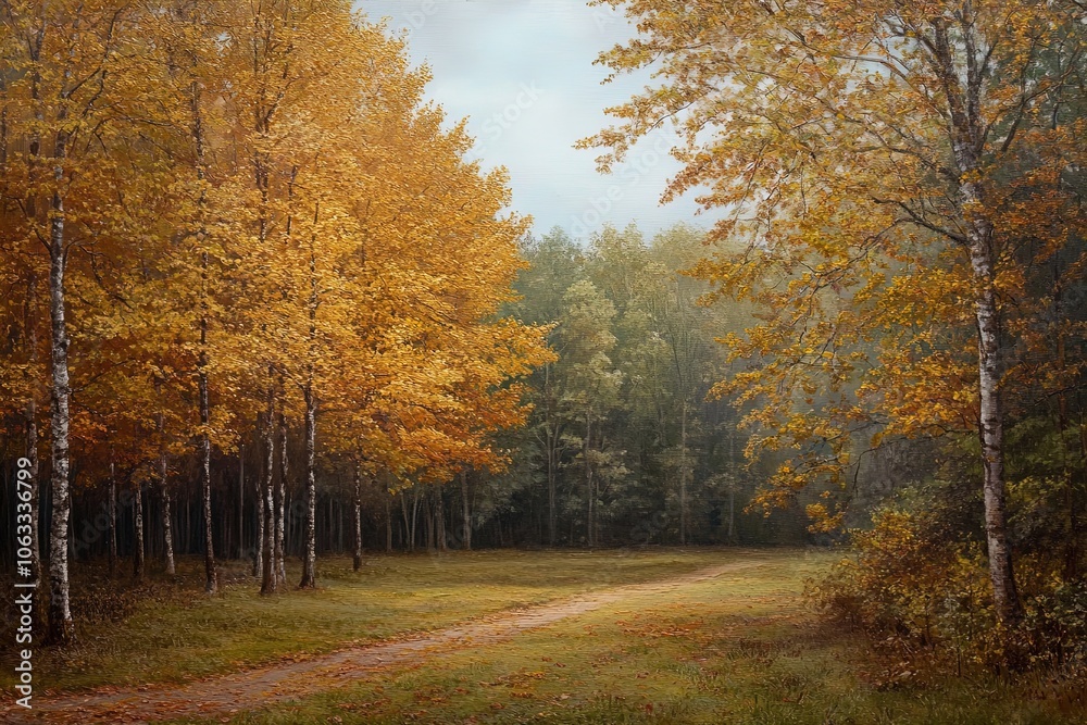 Obraz premium A Tranquil Forest Path Surrounded by Vibrant Autumn Foliage in a Serene Landscape During Early Morning Light