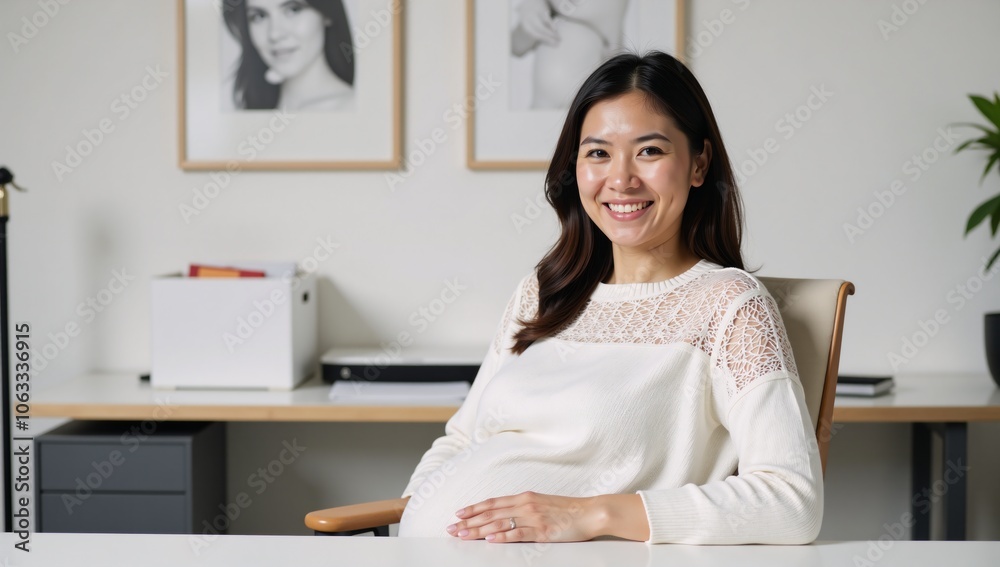 Pregnant woman in a white sweater seated at a modern office desk Pregnant woman in a white sweater seated at a modern office desk