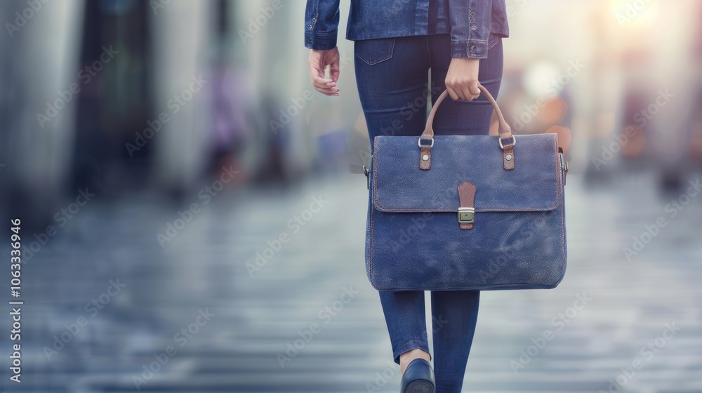 A person walks down a city street carrying a stylish bag, showcasing a modern urban lifestyle.