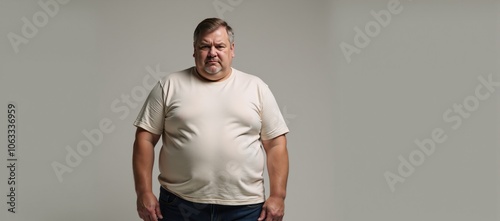 An unhappy overweight older man is depicted alone against a blank backdrop photo