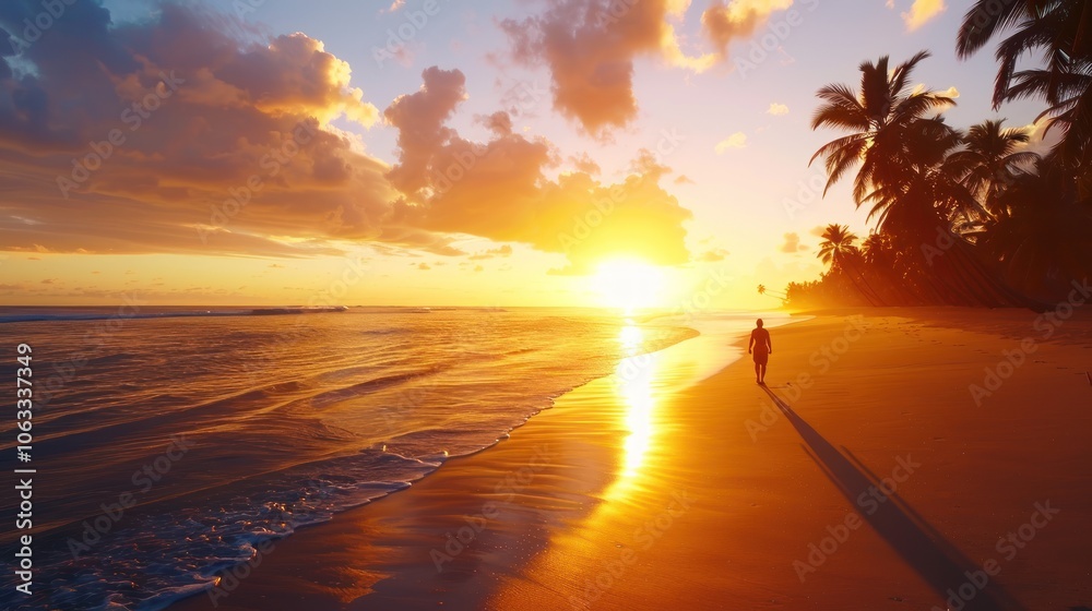 A serene beach at sunset, with golden hues reflecting on the water, as a person walks along the shore surrounded by palm trees.